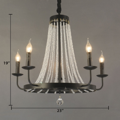 Candle Dining Room Chandelier Metal Colonial Hanging Light in Black with Crystal Strands Decoration