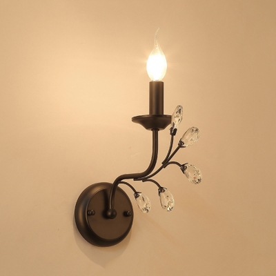 Contemporary Style Black Sconce Light with Candle and Clear Crystal 1 Light Iron Wall Lamp, 5