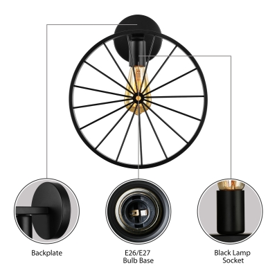 Country Style 12'' Wide Single Light Wheel Shape Semi Flush Ceiling Light in Vintage Black Finish