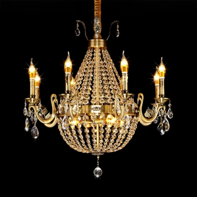 French Empire Chandelier with Candle 8/9/12 Lights Pendant Light with Clear Crystal Decoration in Aged Brass