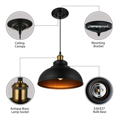 Industrial Pendant Light with 14.17''W Metal Shade in Black/White ...