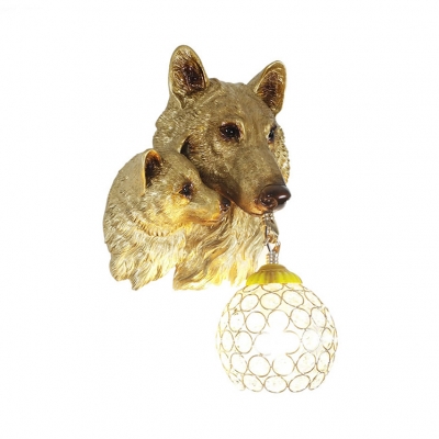 Living Room Globe Sconce Light with Wolf Decoration Rustic Yellow/White Wall Lamp