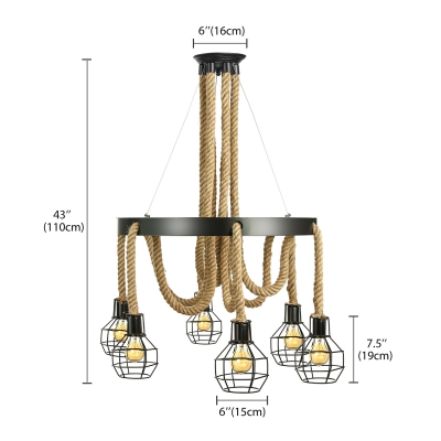 Matte Black 6 Light Wired Chandelier with Hemp Rope Industrial Halo Chandelier for Living Room Restaurant