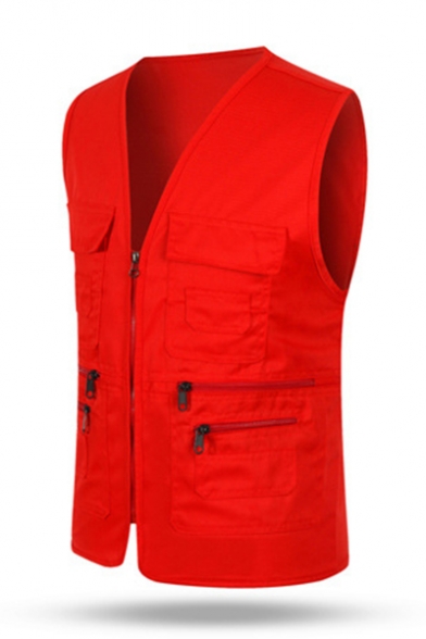 New Trendy Solid Color V-Neck Zip Closure Outdoor Casual Fitted Photography Vest