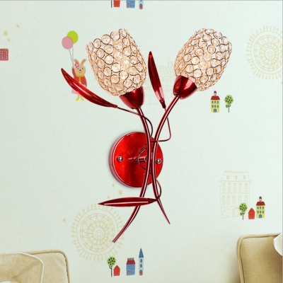 Red Floral Wall Light Fixture 2-Light Contemporary Style Clear Crystal Sconce Lighting for House