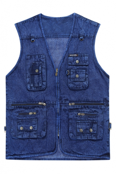 Stylish Multi-Pocket V-Neck Zip Closure Photography Blue Denim Vest