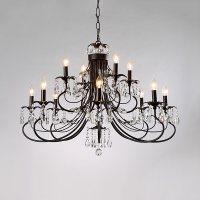 Vintage Black Chandelier with Candle and Clear Crystal 6/8/12 Lights Metal Pendant Lighting with 19.5