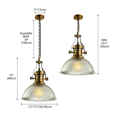 Vintage Dome Pendant with Ribbed Glass Single Head Suspended Light in Brass for Corridor Hallway