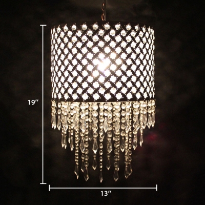 White Drum Pendant Lighting with Clear Crystal Decoration Single Head Modern Lighting Fixture
