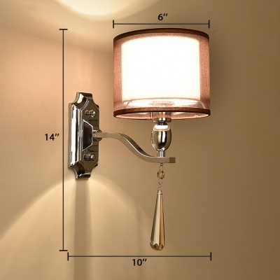 White Fabric Cylinder Sconce Light with Clear Crystal 1 Light Contemporary Style Wall Lighting, L:6in W:10in H:14in