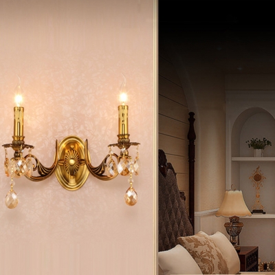 1/2 Lights Candle Wall Sconce with Clear Crystal Prisms Vintage Lighting Fixture in Gold for Hallway