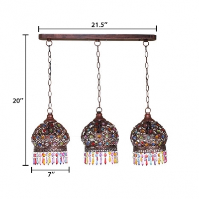 3 Lights Globe Suspended Light Vintage Colorful Crystal Hanging Lamp in Rust with Round/Linear Canopy