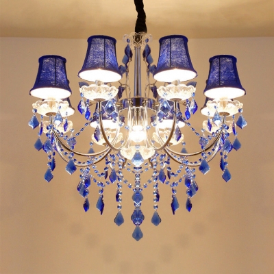 Living Room Candle Chandelier Metal Height Adjustable Antique Chandelier Light with Blue Crystal and 12