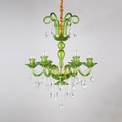 Traditional Candle Chandelier 6 Lights Clear Crystal Pendant Light with Adjustable Cord in Orange/Green
