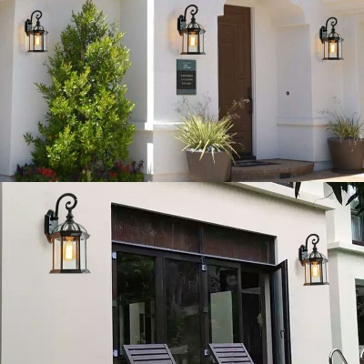 Clear Glass Lantern Wall Light Vintage Waterproof Sconce Light in Black/Gold for Pathway Garden