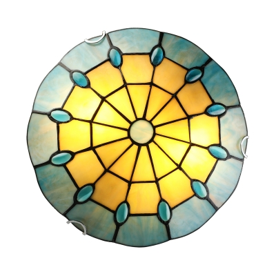 Beige and Blue Pattern 12 Inch Flush Mount Ceiling Light in Tiffany Stained Glass Style