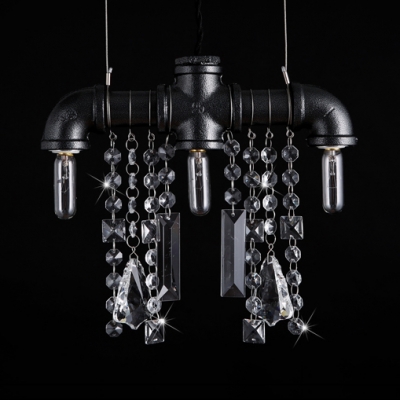 Black Pipe Ceiling Pendant Light with Clear Crystal Decoration 3-Light Rustic Hanging Light