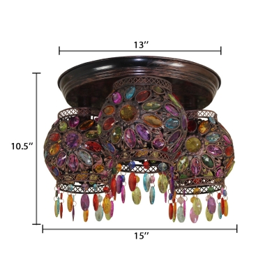 Bohemia Dome/Globe Semi Flush Light Colorful Crystal 3 Heads Ceiling Lamp for Coffee Shop