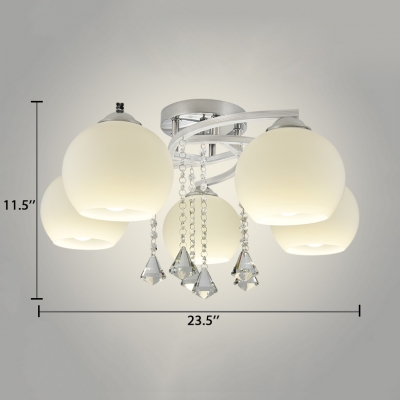 Contemporary Globe Semi-Flush Light 3/5 Lights Acrylic Ceiling Mount Light with Clear Crystal in White