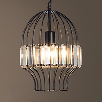 Dining Room Cage Pendant Lighting with Clear Crystal Decoration Vintage Black Chandelier with Adjustable Cord