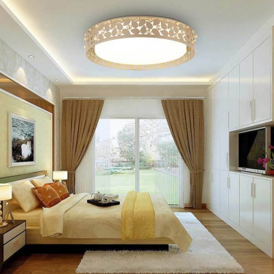 Drum LED Flush Light Bedroom Contemporary Ceiling Pendant with Leaf and Clear Crystal Decoration in White