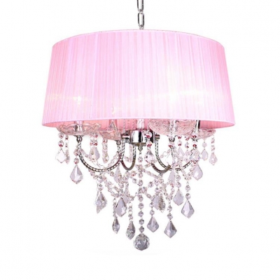 Drum Shape Chandelier with Clear Crystal 4 Lights Modern Fabric Pendant Lighting Fixture for Bedroom