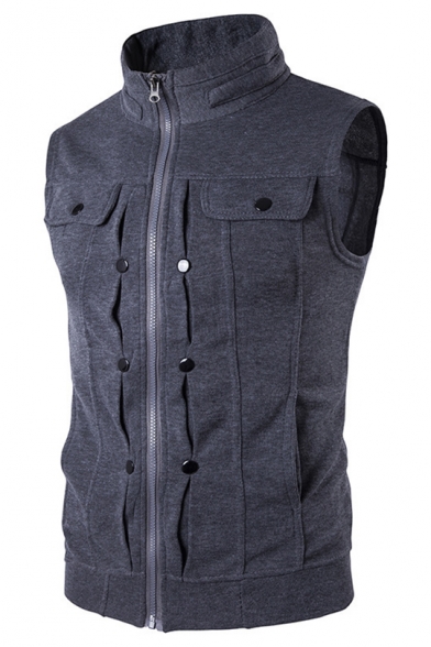 Fashion Mens Stand-Collar Button Embellished Zip Closure Sleeveless Fitted Sweatshirt Vest