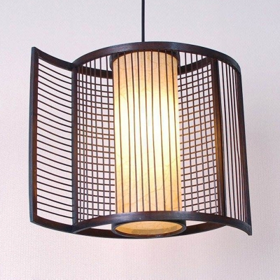 Handmade Curved Ceiling Pendant Bedroom 1 Light Height Adjustable Asian Style Bamboo Hanging Lamp, 12
