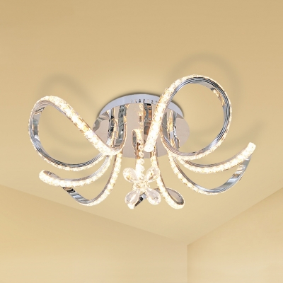 Modern Flower Design Semi Flush Light Metal Chrome LED Ceiling Lamp with Clear Crystal for Living Room