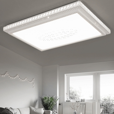 Modern Rectangle Flush Ceiling Light Clear Crystal Decoration LED Flush Mount Light in White for Living Room