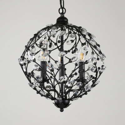 Rustic Orb Chandelier with Adjustable Hanging Cord 3 Lights Clear Crystal Pendant Lighting in Black