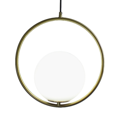 Single Ring Suspended Light with White Globe Glass Shade Nordic Pendant Light in Brass
