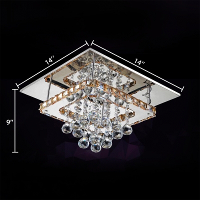 Square LED Semi Flush Mount Light Bedroom Modern Ceiling Fixture with Clear Crystal Ball in Chrome