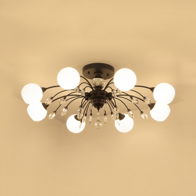 White Glass Globe Semi Flush Light with Clear Crystal 8/10/16 Lights Modernism Ceiling Light