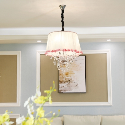 Traditional Tapered Pendant Lamp 4 Lights Fabric Chandelier with Clear Crystal in White and Pink