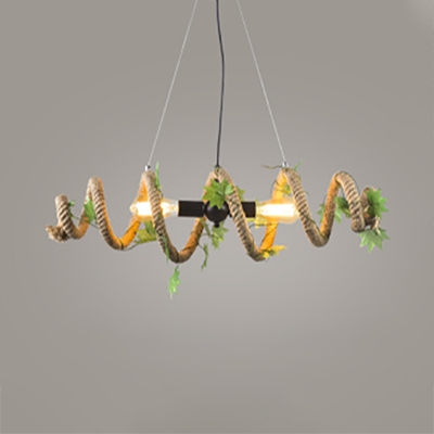 Metal and Rope Hanging Light with Open Bulb and Leaf Decoration Rustic Pendant Lamp in Beige