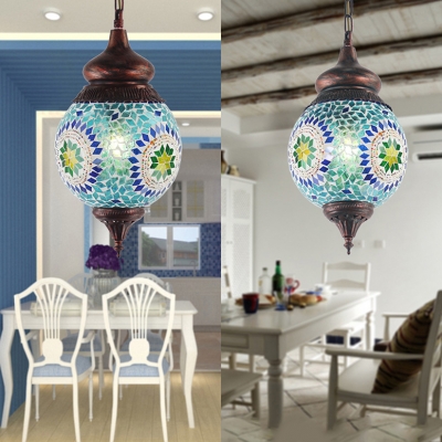 Blue Globe Ceiling Light Single Light Moroccan Blue Glass Hanging Lamp for Dining Room