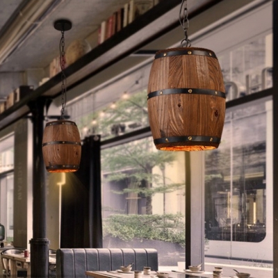 Bronze Cask Suspended Pendant Lamps Length Adjustable 1 Light Industrial Wood Hanging Lighting for Dining Room