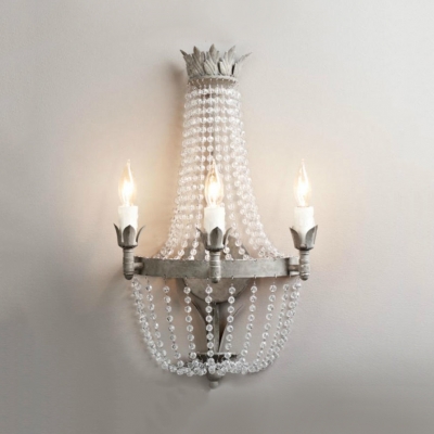 Candle Porch Sconce Light with Clear Crystal 3 Lights Antique Style Wall Mounted Lighting in Grey, H21.5