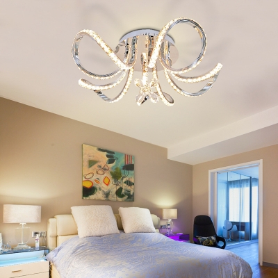 Modern Flower Design Semi Flush Light Metal Chrome LED Ceiling Lamp with Clear Crystal for Living Room