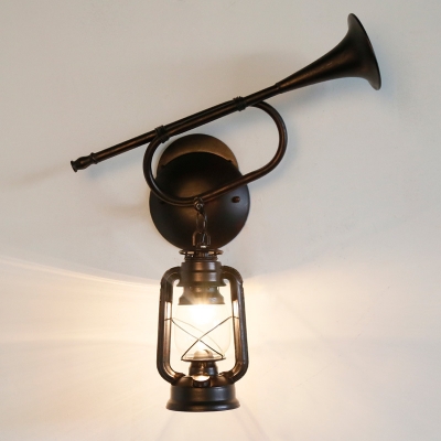 Single Light Lantern Sconce Vintage Metal Horn Decoration Wall Light in Bronze for Kitchen