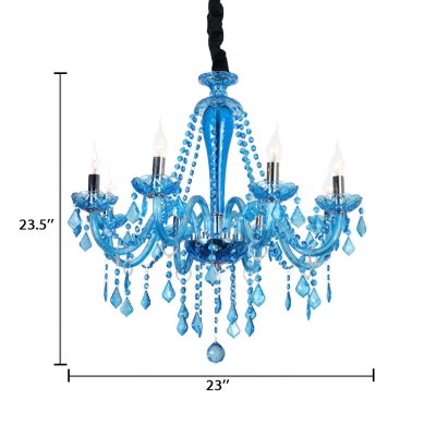 Tapered Living Room Chandelier Clear Blue Crystal 6 Lights Rustic Light Fixture with 12