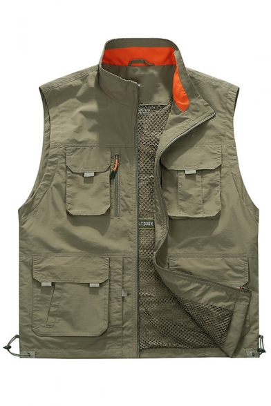 Trendy Outdoor Utility Multi-Pocket Stand Collar Zip Up Fishing Vest Mesh Lined Photography Vest