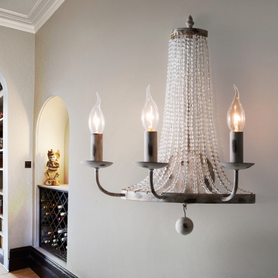 2/3 Lights Candle Sconce Lighting with Clear Crystal Vintage Style Metal Wall Mounted Light in Distressed White