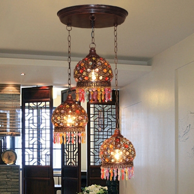 3 Lights Globe Suspended Light Vintage Colorful Crystal Hanging Lamp in Rust with Round/Linear Canopy