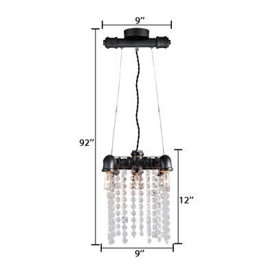 5-Light Pipe Hanging Light with Clear Crystal Antique Metal Pendant Lighting in Black for Kitchen