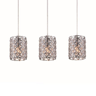 Dining Room Lighting Modern, Height Adjustable Clear Crystal Bead Cylinder Pendant Lighting in Nickle with Hanging Cord