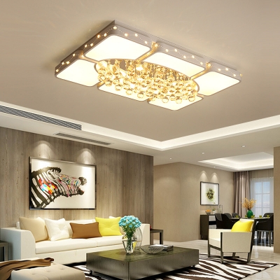 Contemporary Rectangle Ceiling Flush Mount Light with Clear Crystal Metal Ceiling Pendant in White