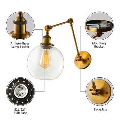 Adjustable Indoor LED Wall Lamp with Clear Glass Shade in Brass Finish
