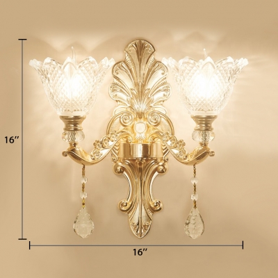 Antique Style Floral Sconce Lighting Glass 1/2 Lights Wall Mount Light with Clear Crystal Decoration for Hallway